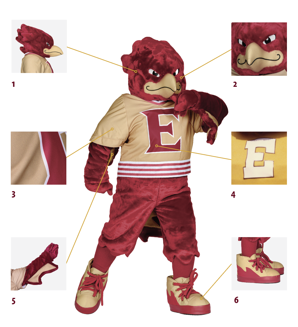 A graphic highlights details of the new Elon Phoenix mascot costume, including changes to the head, uniform, arms and shoes.